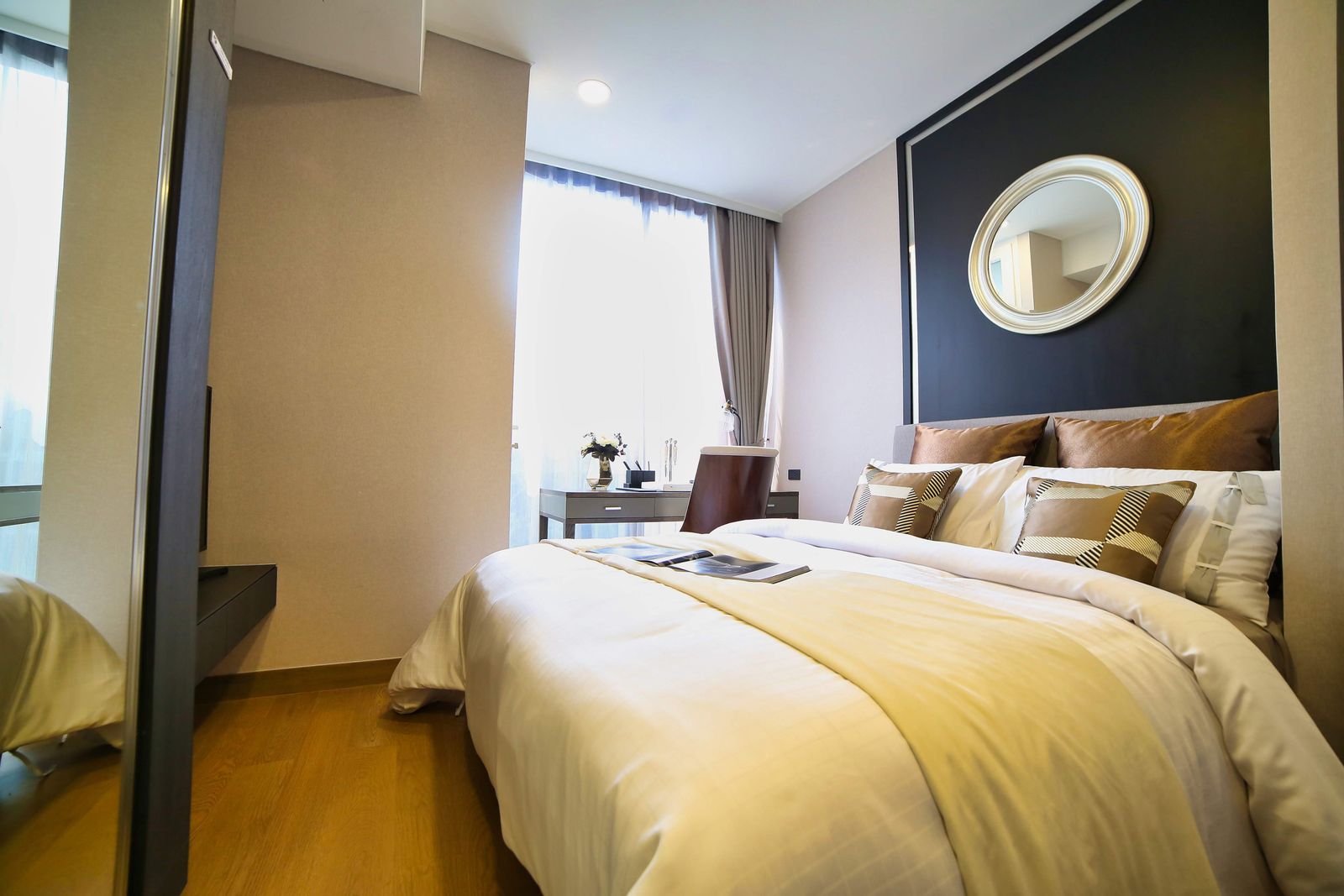 Contemporary hotel room with a welcoming, softly lit interior